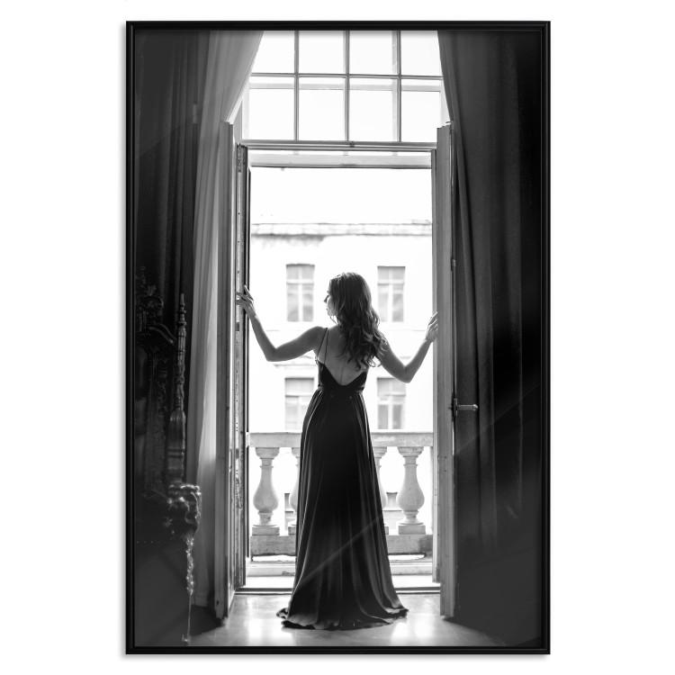 Poster Bright Outlook - woman in a balcony railing in black and white colors