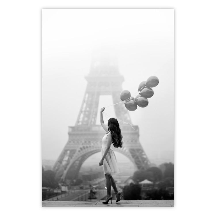 Poster Stroll in the Wind - woman with large balloons against the backdrop of the Eiffel Tower