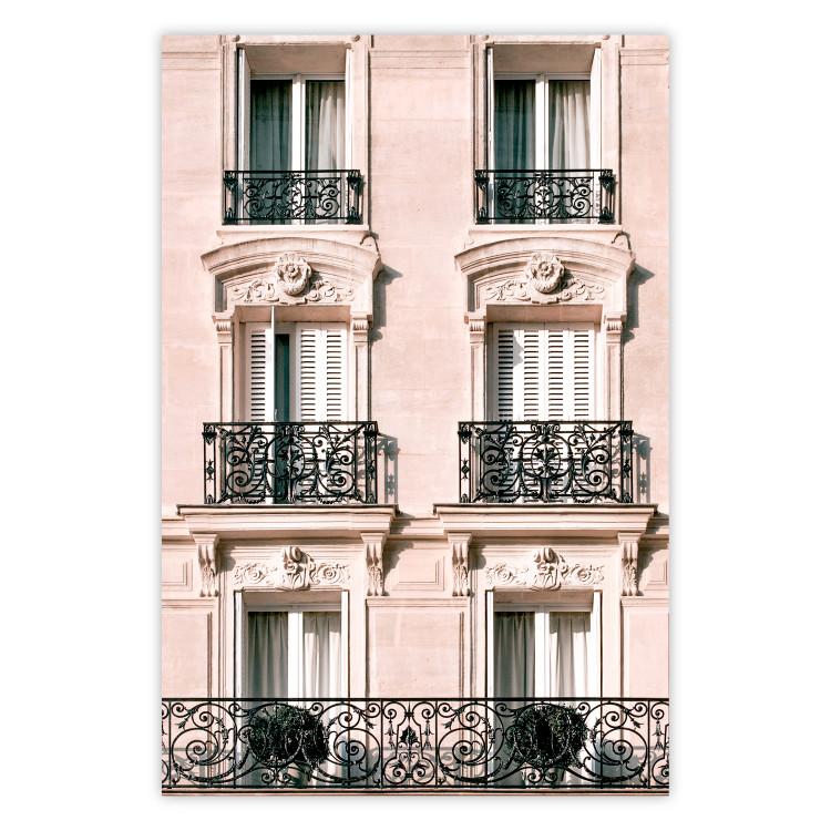 Poster Sunny Facade - building architecture with patterned window frames