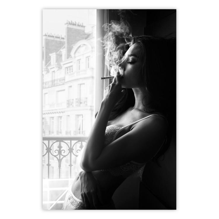Poster Blissful Moment - black and white photograph of a woman smoking a cigarette