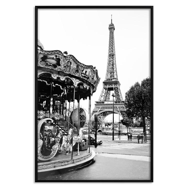Poster Parisian Carousel - black and white carousel landscape with the Eiffel Tower in the background