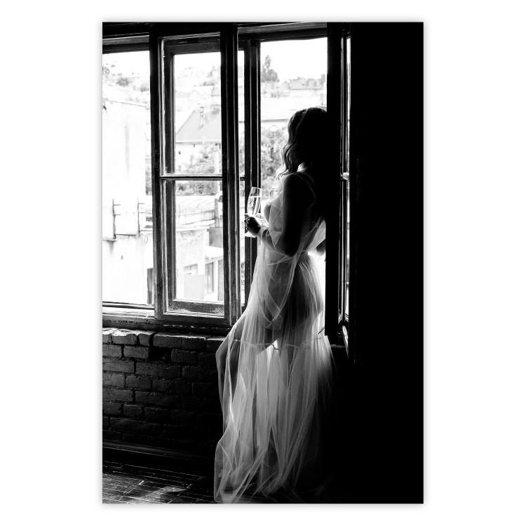 Poster Traveling Memory - black and white landscape of a woman against a window backdrop