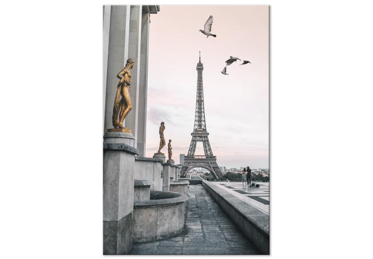 Canvas Print Birds over the city - black-white photo with Eiffel Tower in offset