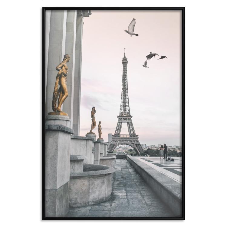 Poster Flight to Freedom - structure with golden sculptures against the backdrop of the Eiffel Tower
