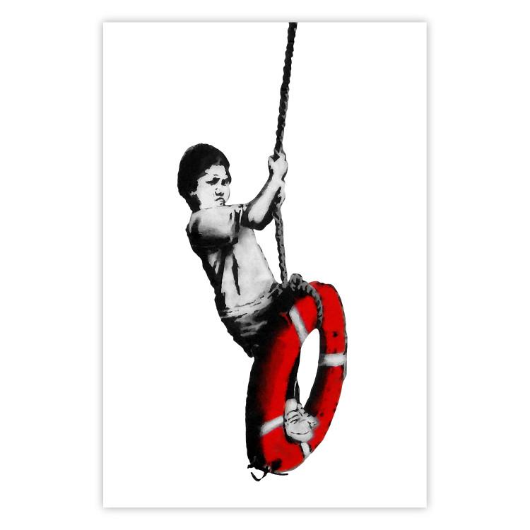 Poster Banksy: Boy on a Swing - black and white boy on a swing with a wheel