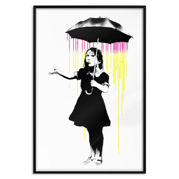 Poster Girl with Umbrella - black and white girl in a colorful rain