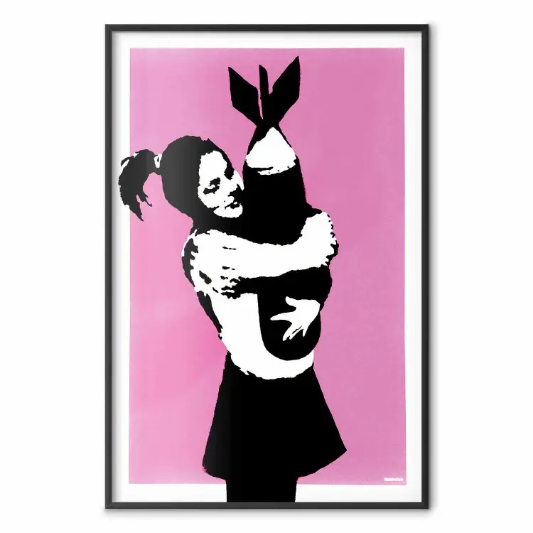 Bomb Hugger - girl with a bomb on a pink background in Banksy style