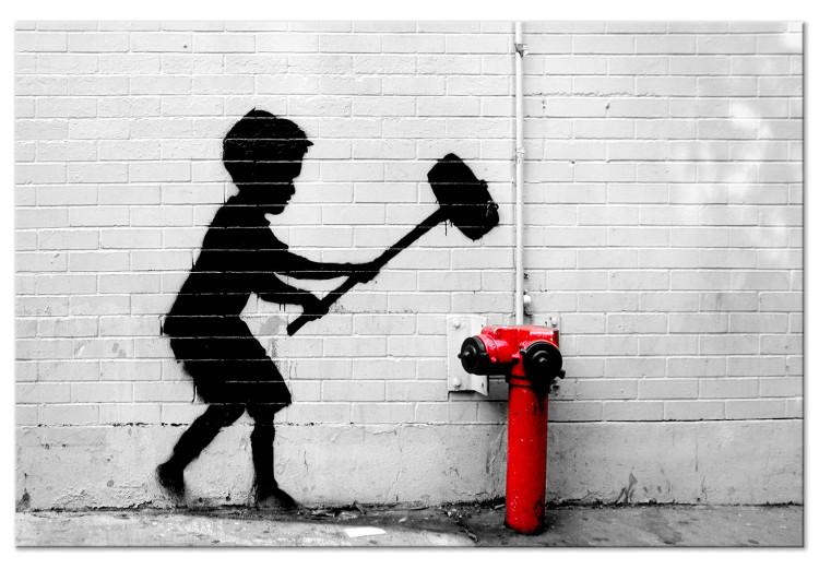 Canvas Print Destroy Hydrant (1-piece) Wide - street art of a child on brick