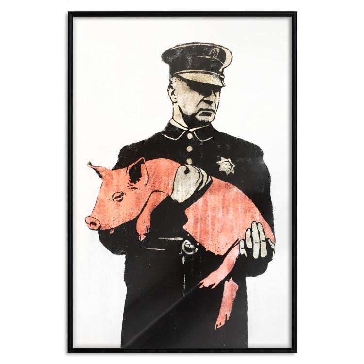 Poster Police Pig - policeman holding a sleeping pink piglet