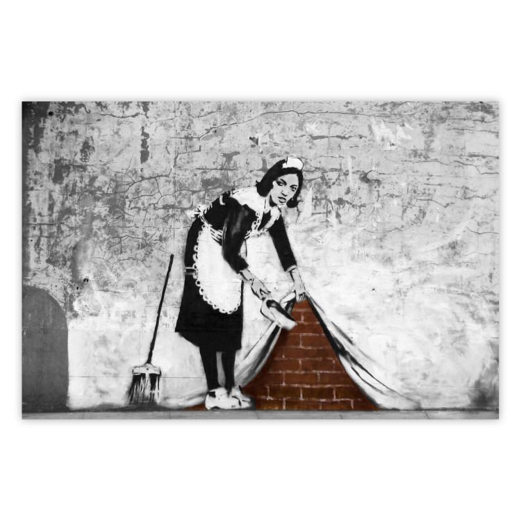 Poster Maid - gray mural of a woman lifting a curtain off a brick wall