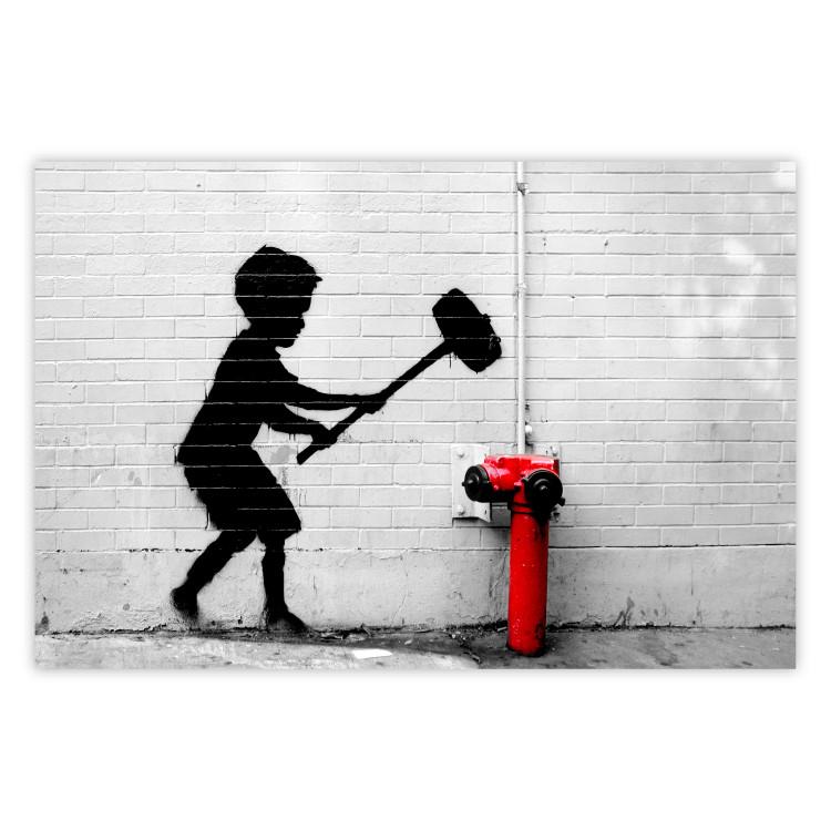 Poster Destroy the Hydrant - mural of a black boy with a large hammer on the wall