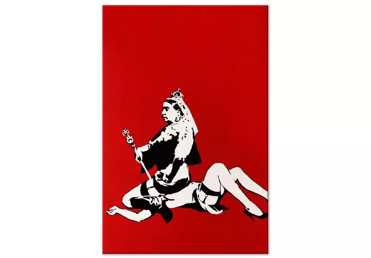 Banksy's Queen - street art style graphic on red background