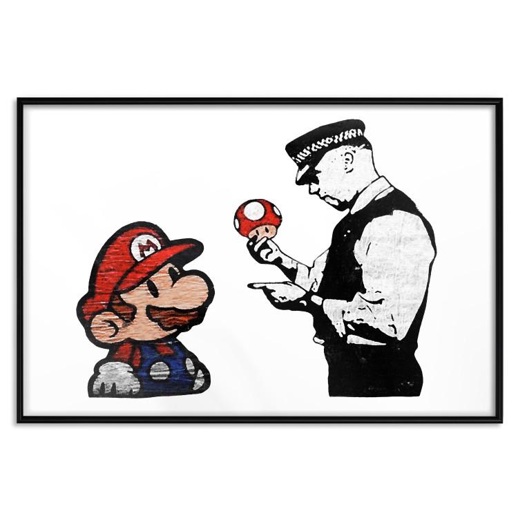 Poster Banksy: Mushroom Picker - colorful character and black policeman on a white background