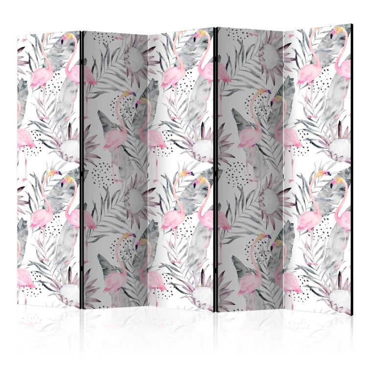Room Divider Flamingos and Branches II (5-piece) - pink birds and pastel flowers