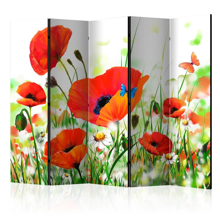 Room Divider Country Poppies II (5-piece) - red flowers and butterflies in a meadow
