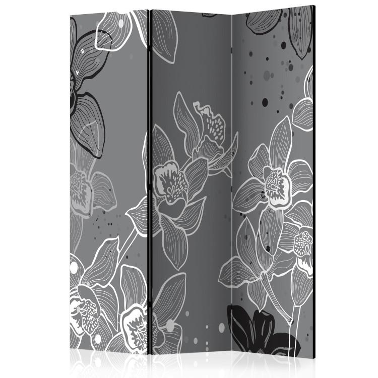 Room Divider Winter Flora (3-piece) - pattern of black and white irises on a gray background