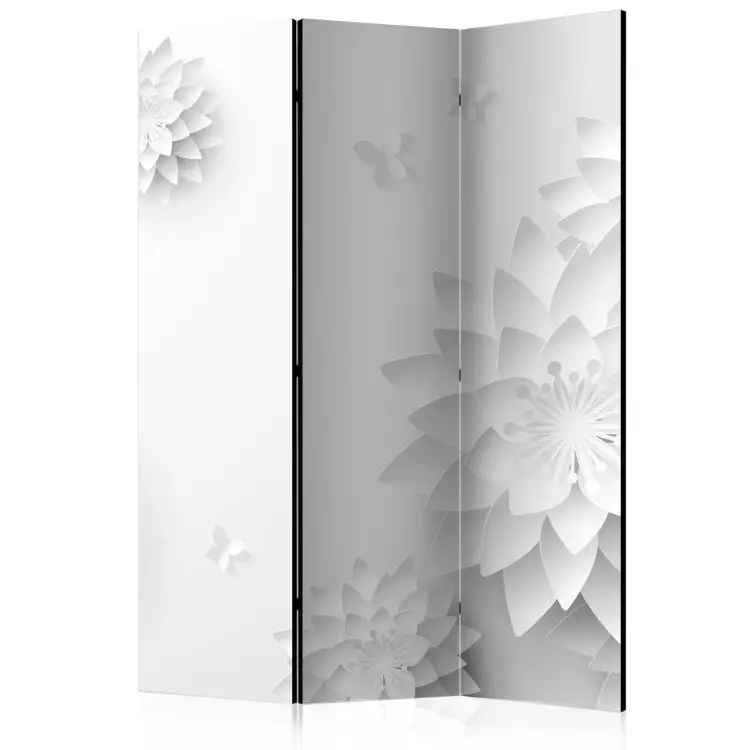 Room Divider Oriental Flowers (3-piece) - abstraction in white plants and butterflies