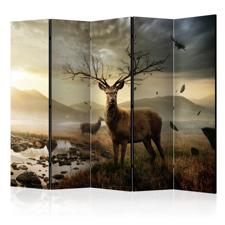 Room Divider Deer Over the Mountain Stream II (5-piece) - animals and fields in the background