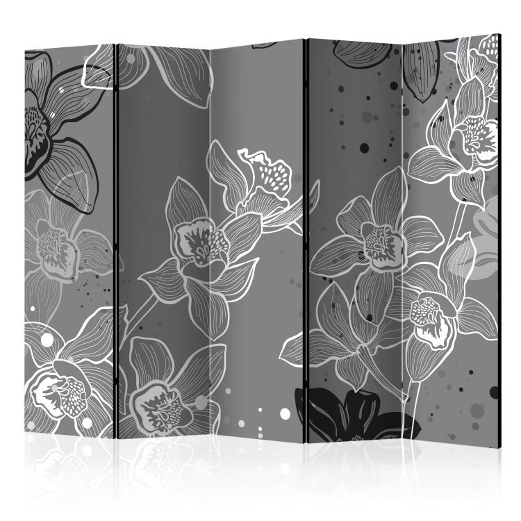 Room Divider Winter Flora II (5-piece) - black and white pattern in flowers and gray background
