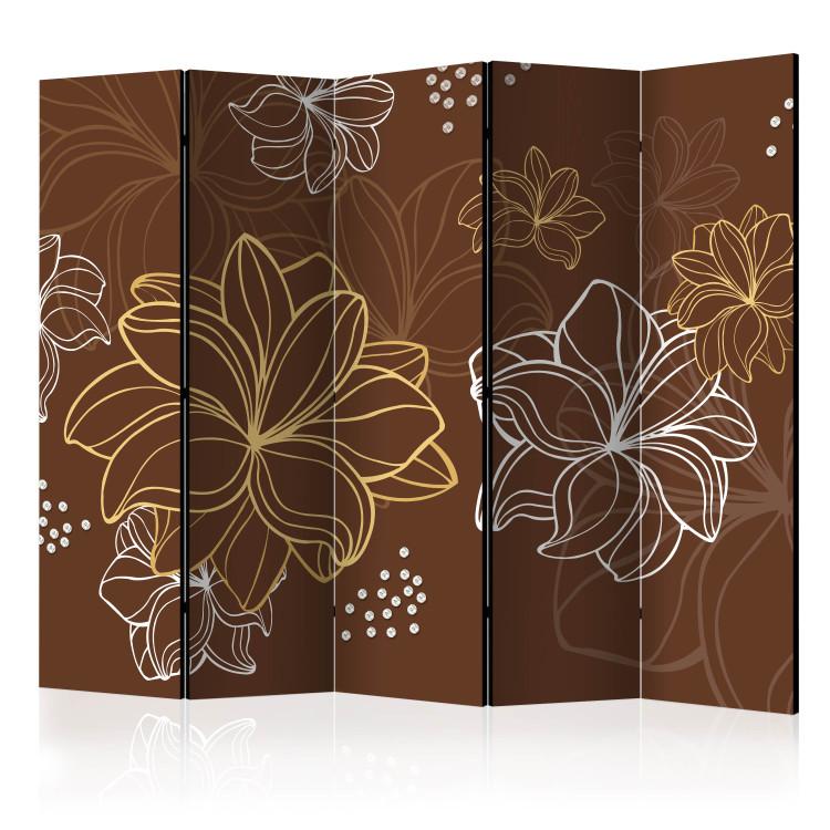 Room Divider Autumnal Flora II (5-piece) - white-yellow flowers on a brown background