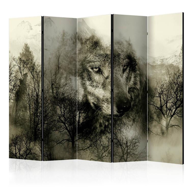 Room Divider Predator from the mountains (beige) II (5-piece) - abstraction with a wolf