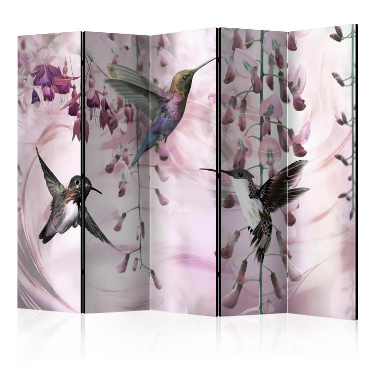 Room Divider Flying hummingbirds (pink) II (5-piece) - colorful birds amidst nature