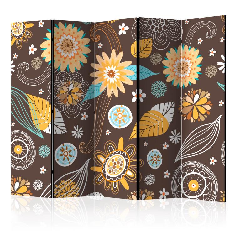 Room Divider Lacy flowers II (5-piece) - colorful plants on a brown background