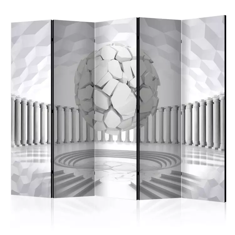 Room Divider Hidden Geometry II (5-piece) - white illusion with a sphere against columns