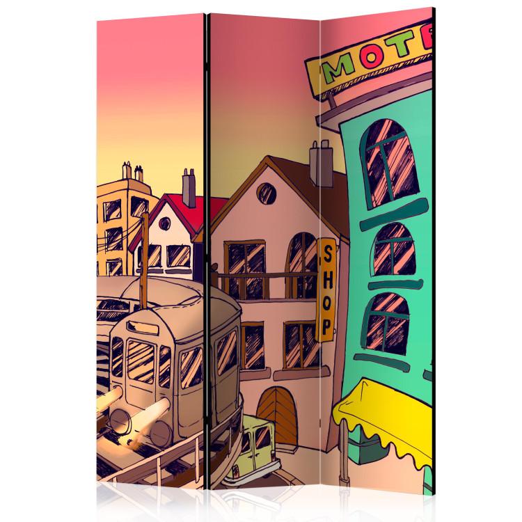 Room Divider Morning in a City (3-piece) - cartoonish colorful architecture