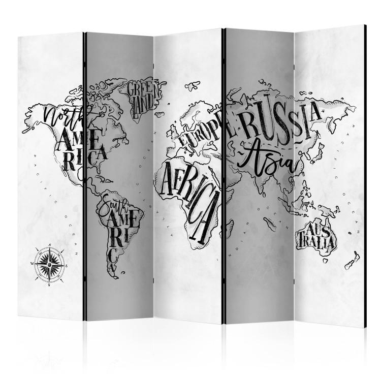Room Divider Retro Continents (Gray) II (5-piece) - black and white world map