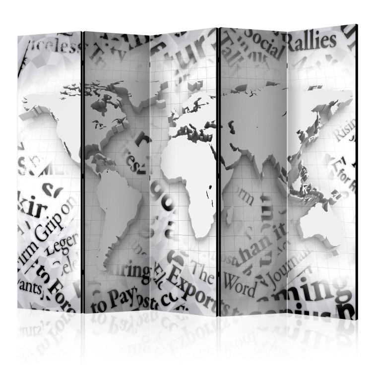 Room Divider World from Newspapers II (5-piece) - abstraction with a world map and writings