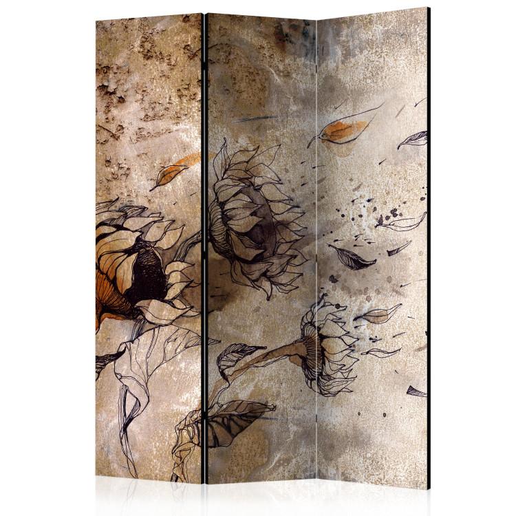 Room Divider Breath of Wind (3-piece) - brown composition in sunflower flowers