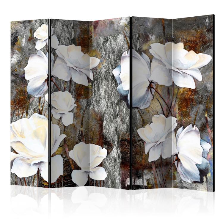 Room Divider Small Gesture II (5-piece) - composition in white flowers on a dark background