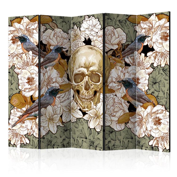 Room Divider Amidst Flowers II (5-piece) - retro composition with a human skull