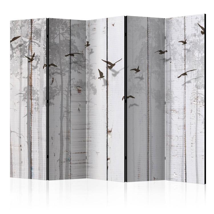 Room Divider Birds on Planks II (5-piece) - animals on a background of gray wood