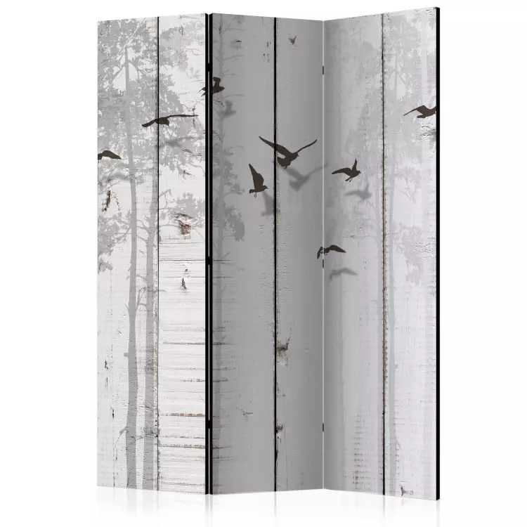 Room Divider Birds on Planks (3-piece) - gray wood and animals among trees