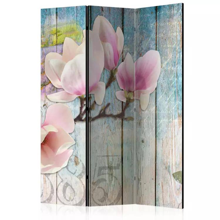 Room Divider Pink Flowers on Wood (3-piece) - watercolor collage and boards