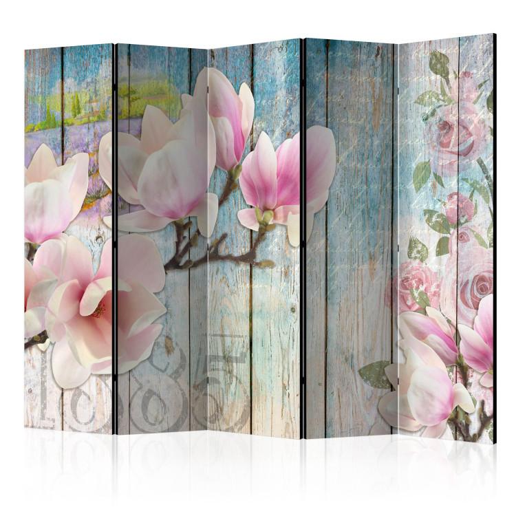 Room Divider Pink Flowers on Wood II (5-piece) - colorful collage and boards