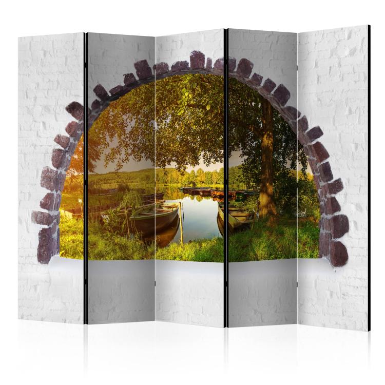 Room Divider Summer by the Lake II (5-piece) - view of boat landscape amidst trees