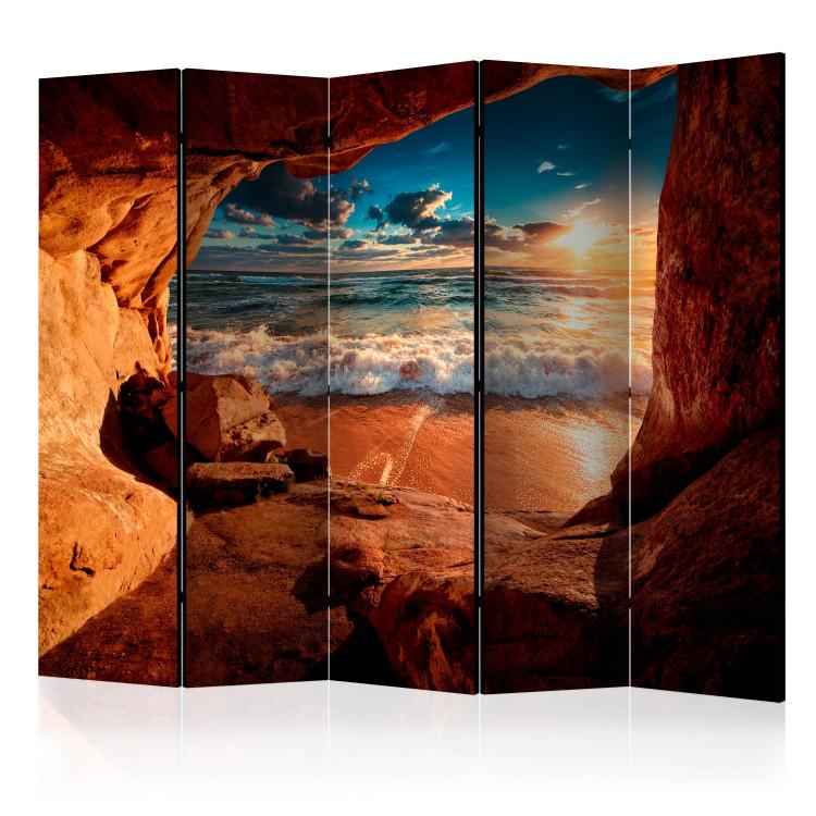 Room Divider Cave: Beach II (5-piece) - view among rocks to ocean waves