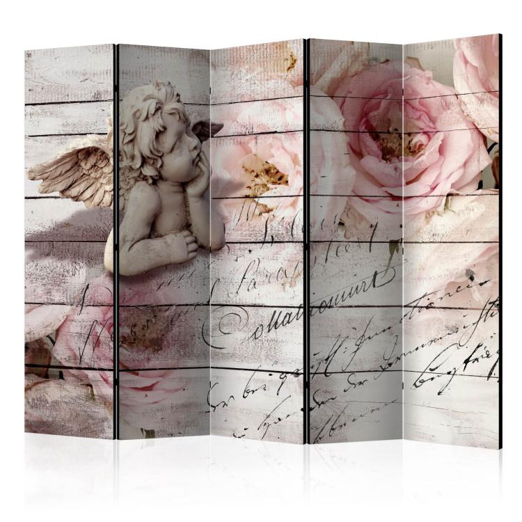 Room Divider Angel and Serenity II (5-piece) - sculpture and pink flowers on a backdrop of planks