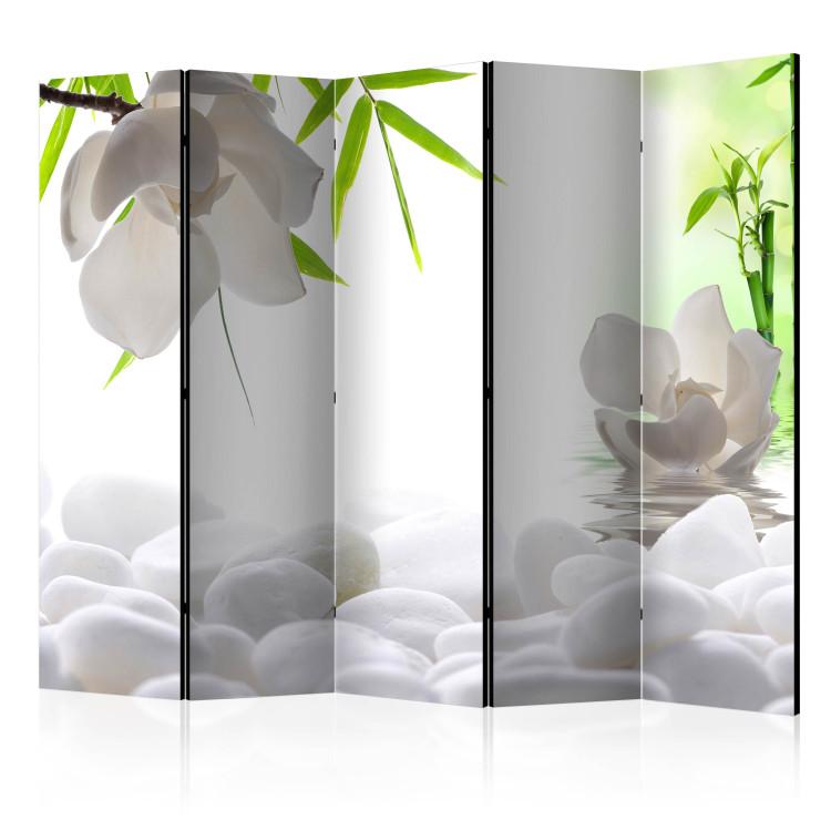 Room Divider Lake of Silence II (5-piece) - white stones and flowers in zen style