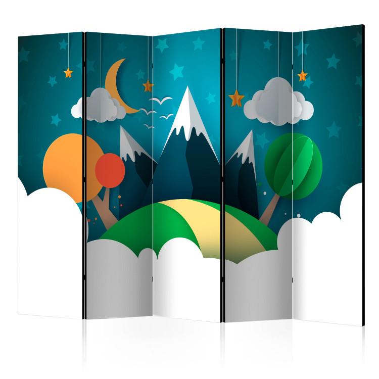 Room Divider Little Traveler II (5-piece) - colorful mountain landscape against a starry backdrop