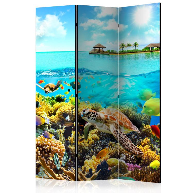 Room Divider Heavenly Maldives (3-piece) - blue ocean full of fish against an island backdrop