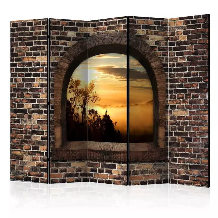 Room Divider Stone Window: Morning Mist II (5-piece) - warm evening landscape
