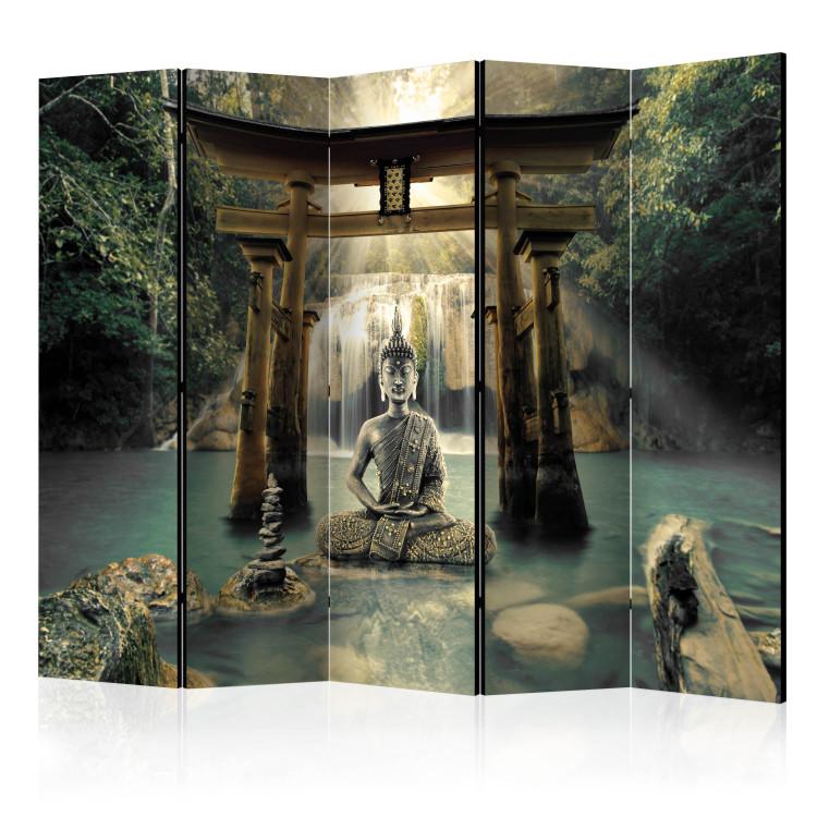 Room Divider Buddha's Smile II (5-piece) - statue against a waterfall in zen style
