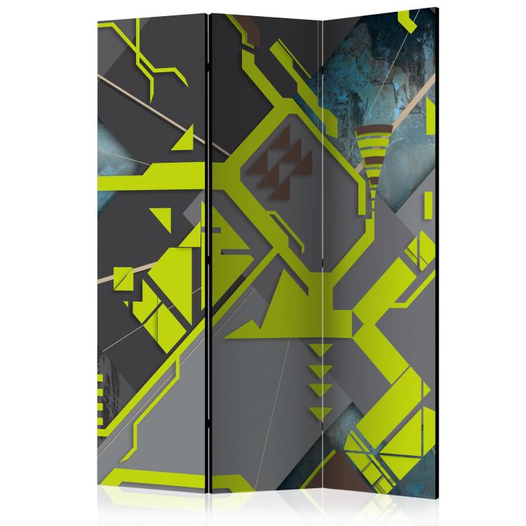 Room Divider Dynamic Paths (3-piece) - gray abstraction with neon yellow