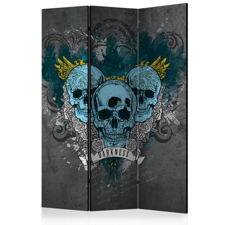 Room Divider Darkness (3-piece) - blue skulls and white flowers on gray background