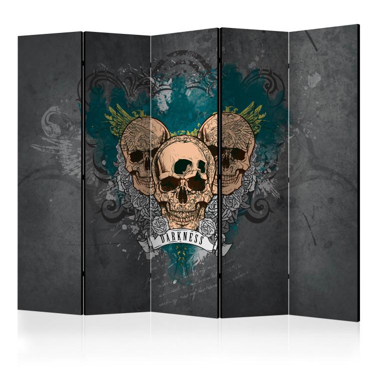 Room Divider Darkness II (5-piece) - composition with three skulls and white flowers