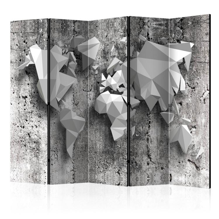 Room Divider World Map: Origami II (5-piece) - black and white 3D abstraction